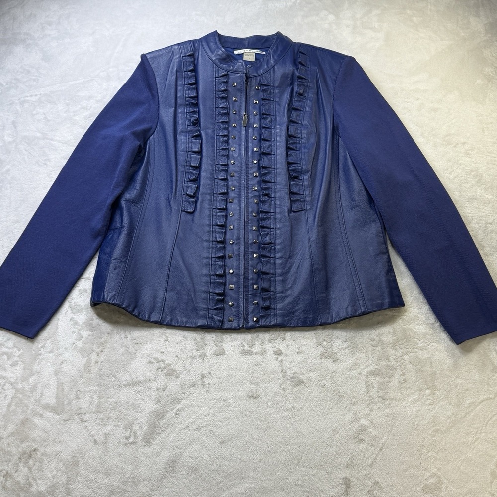 Peter Nygard Blue Leather Jacket Women's Large Studded Ruffle Zip‎ Y2K Punk